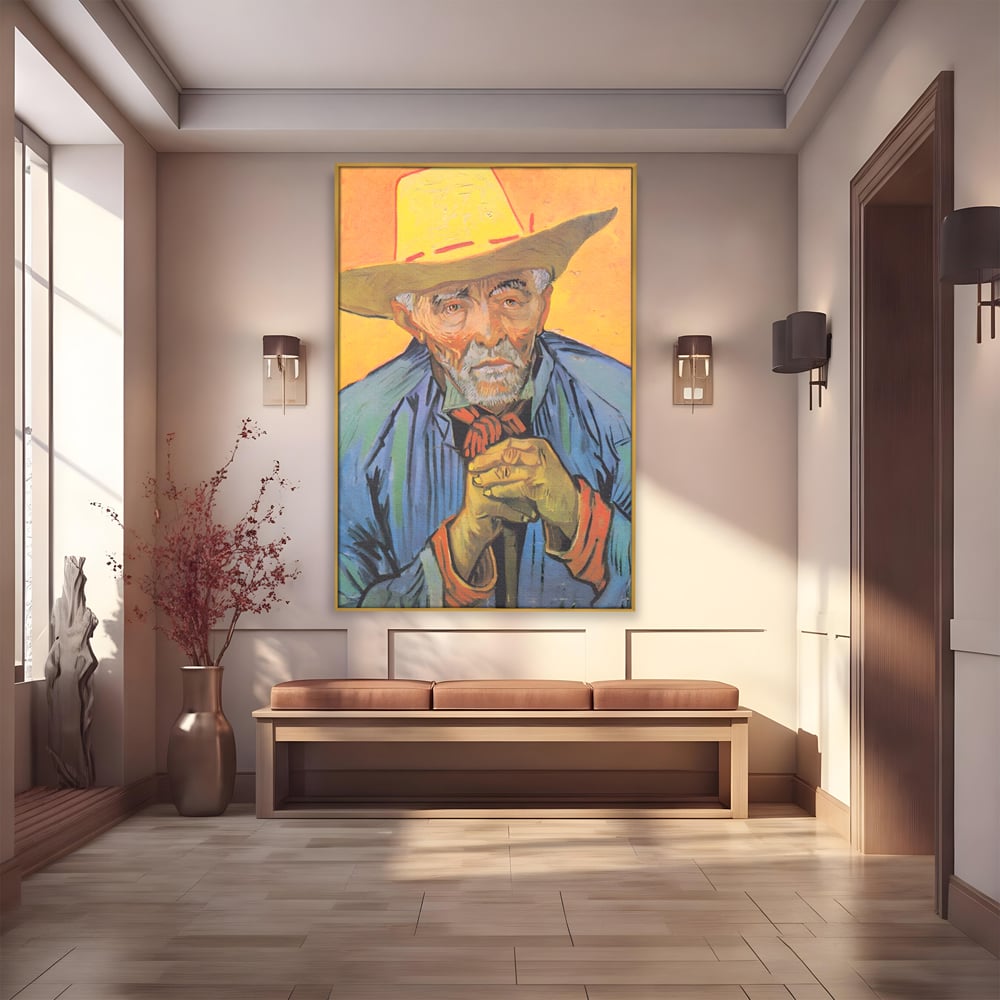 Tablou canvas cu tablou canvas cu portretul unui batran cu palarie, in rama de aluminiu auriu